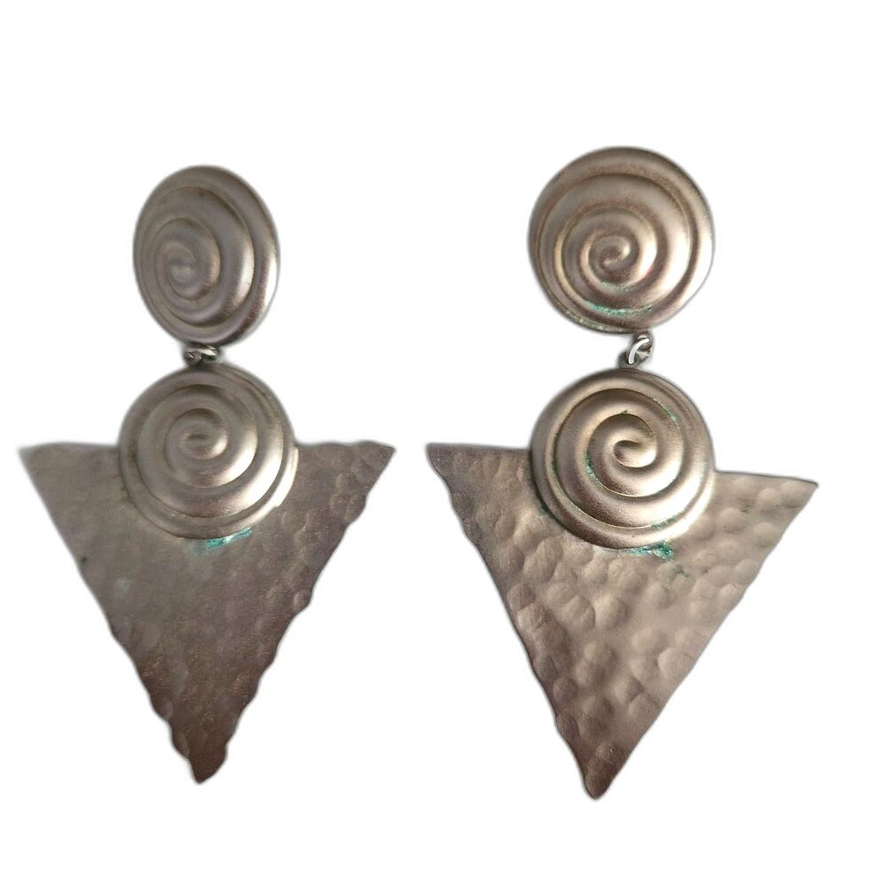 Vintage Silver Spiral and Triangle Design Pierced Earrings